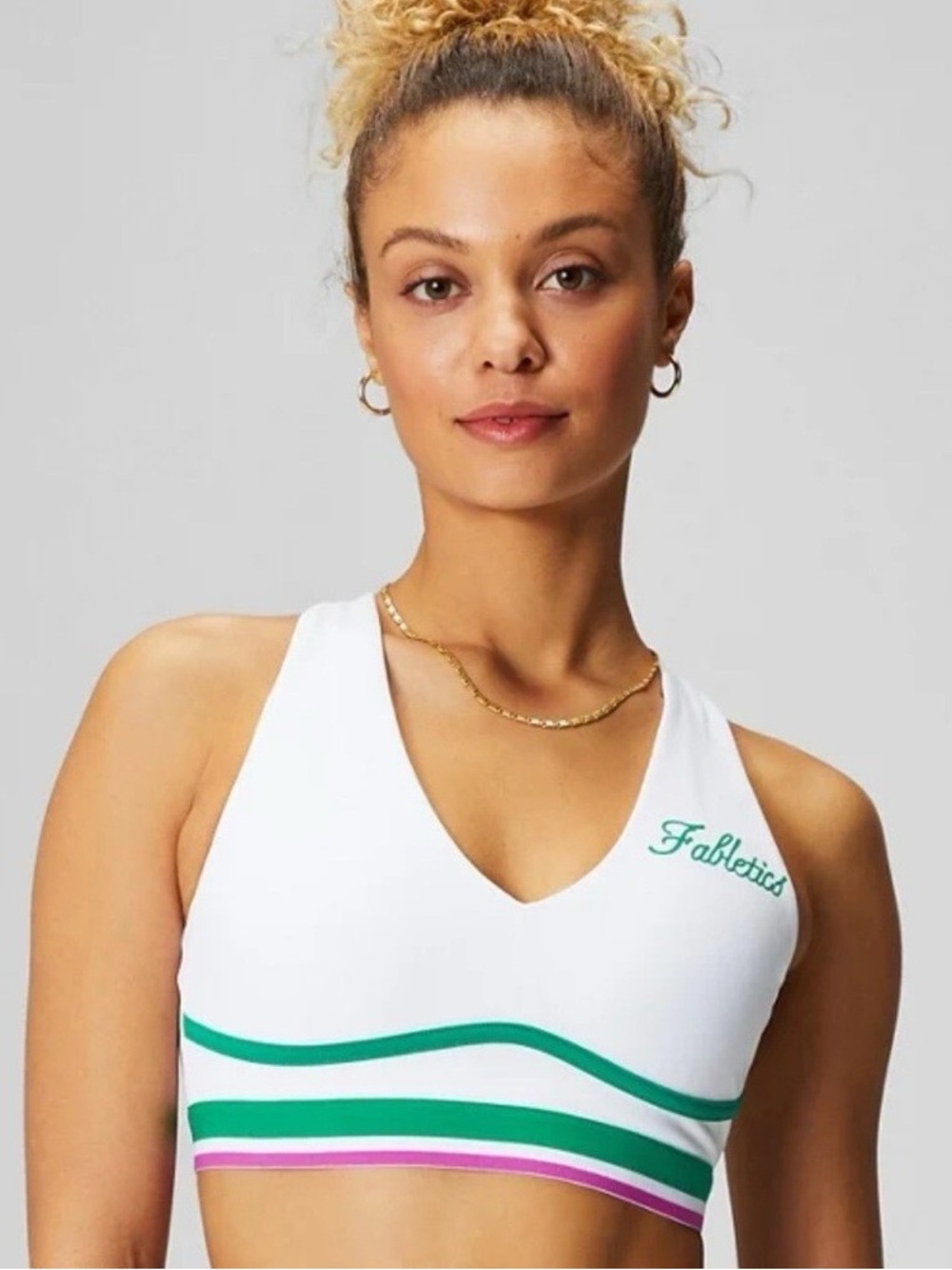 Fabletics White V‑Neck Sports Bra with Green and Pink Stripes XL